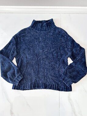 Early 2000s PIPER Navy Blue Mock Neck Chunky Chenille Sweater Soft Long Sleeve